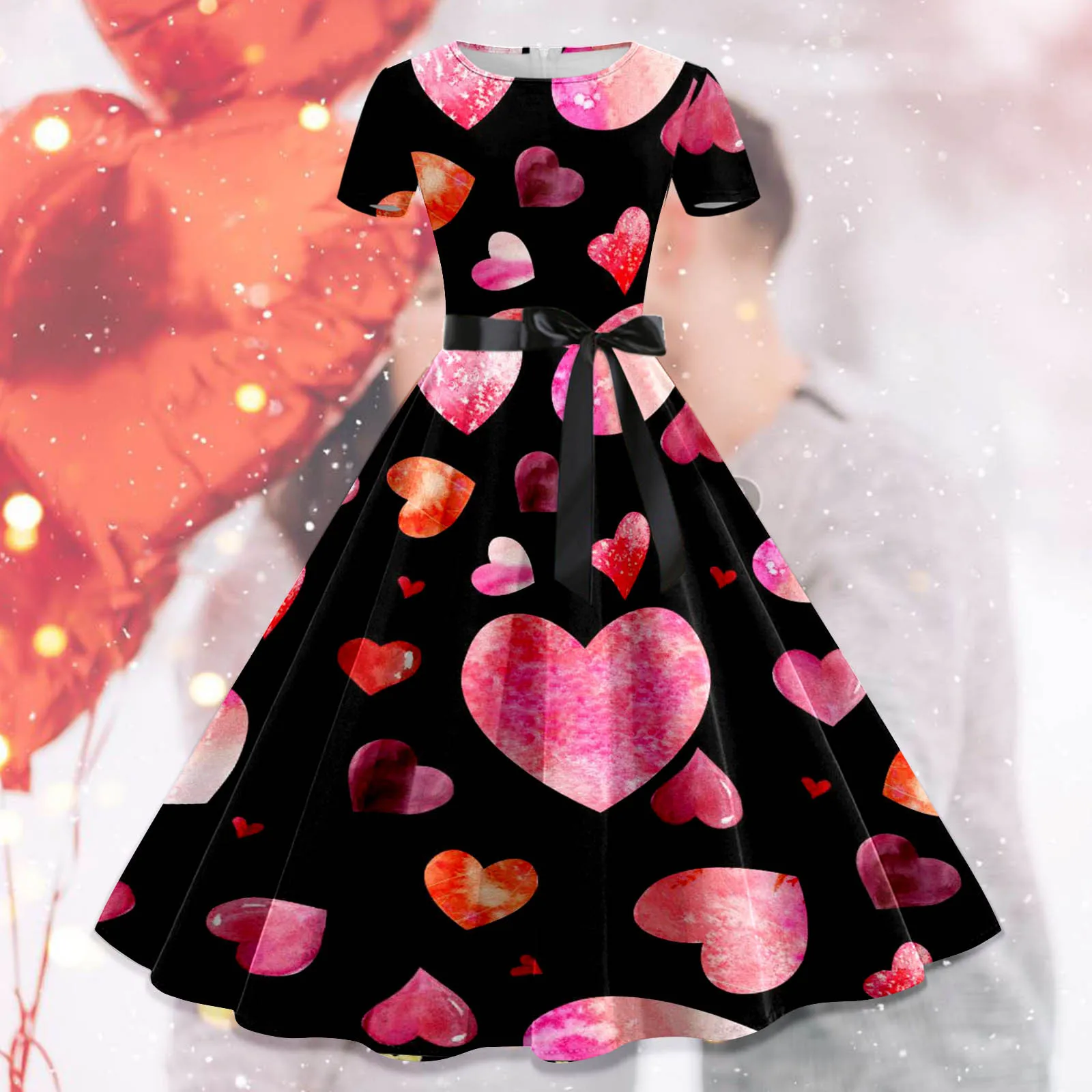 

Vintage Swing Dress Women Valentine's Day Print Short Sleeve 1950s Housewife Evening Party Prom Dress Elegant Robe Mujer