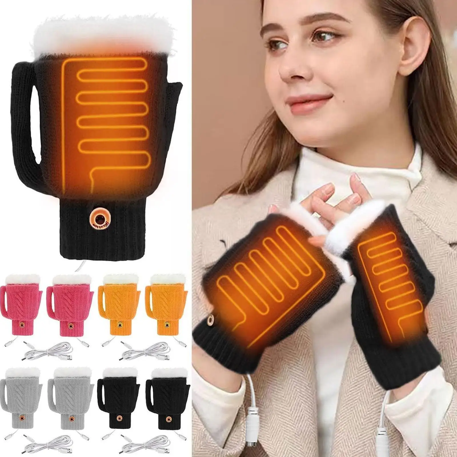 

USB Heated Gloves Knitting Hands Full & Half Fingerless Xmas Gifts Mitten Heating Washable Gloves Warmer Winter Warm I0X8