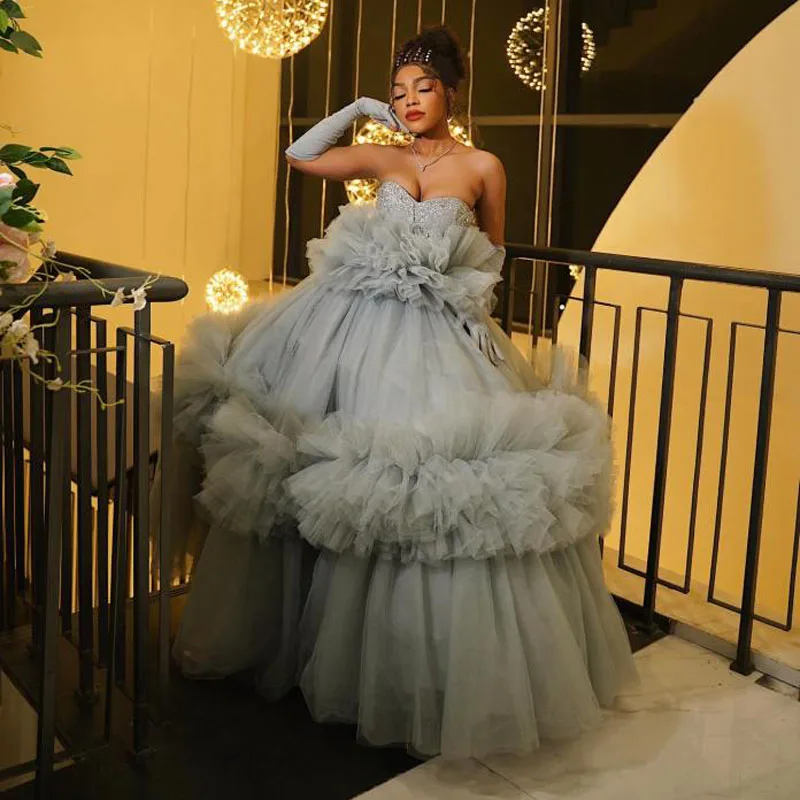 Модные пышные серые фатиновые Бальные платья с бисером для выпускного вечера |