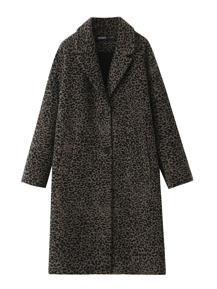 Пальто женское оверсайз из смесовой шерсти с леопардовым принтом и боковыми