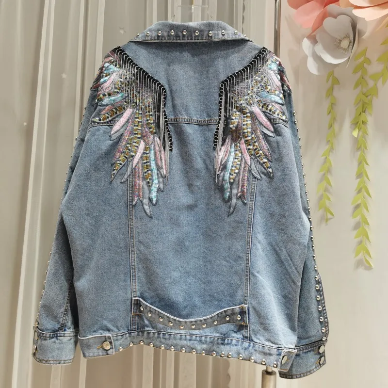 Embroidery Wings Women Denim Jacket New Spring Autumn Personality Beading Tassel Rivet Turn-down Collar Long Sleeve Casual Coat