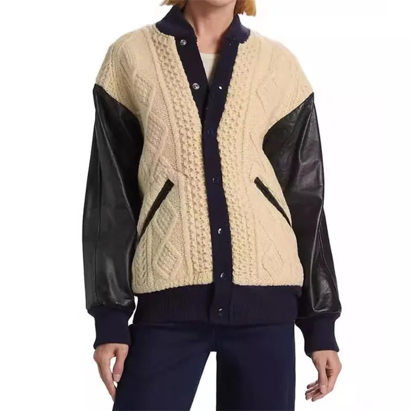 

Женская зимняя куртка, новинка, корейская мода, трикотажные пуховики с контрастной строчкой, шерстяное Смешанное трикотажное пуховое пальто, плотное пальто