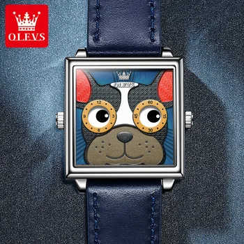 OLEVS Trendy Japanese Movement Corium Strap Watch for Men Women Quartz Waterproof Fashion Wristwatch Cartoon Dog Watches 2