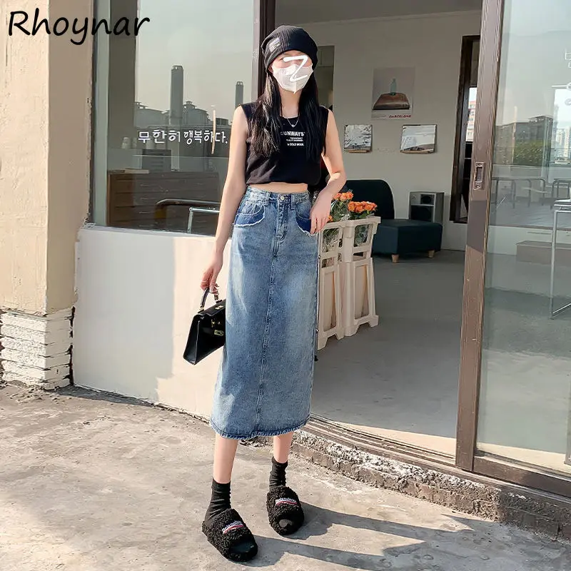 

Skirts Women Back-slit Denim Summer Solid High Waist A-line Юбка Женская Elegant Simple Mid-calf Fashion Ulzzang Chic Casual New