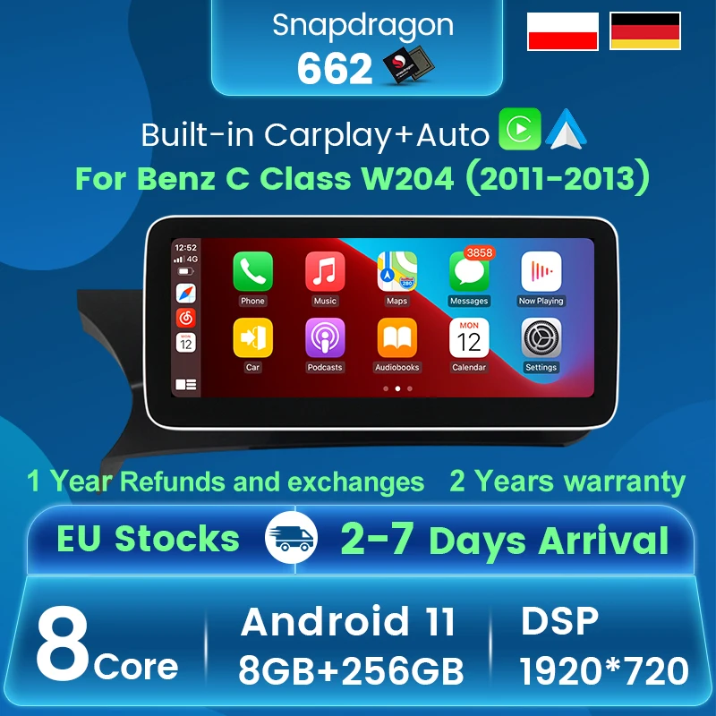 

Android11 8-ядерный 8 + 256G автомобильный радиоприемник для Mercedes Benz C Class W204 2011-2013 GPS-навигатор Snapdragon662 встроенный Carplay WIFI 4G