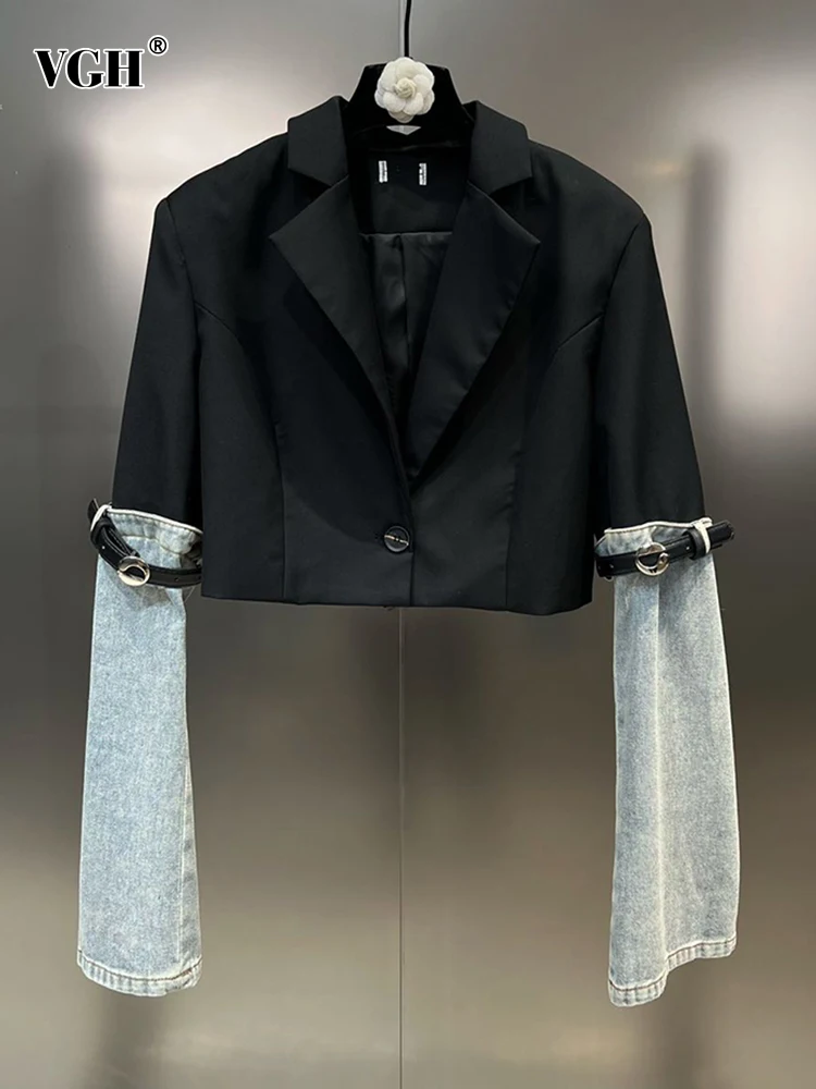 

Женская джинсовая куртка VGH, повседневная короткая куртка с отложным воротником и длинным рукавом, с комбинированным поясом