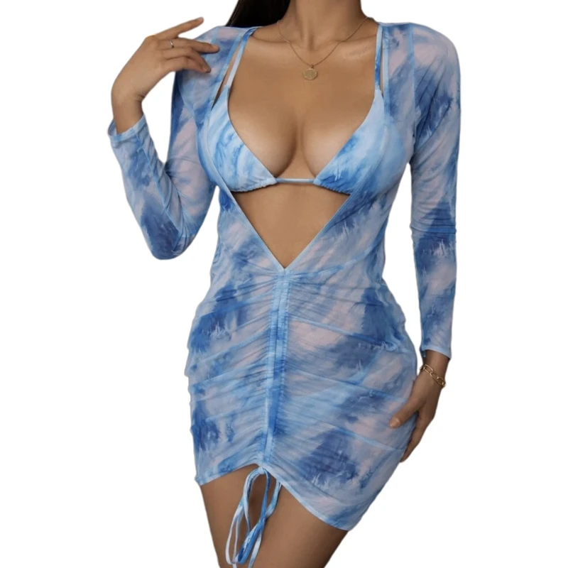 

Модный женский купальник из трех предметов, купальный костюм с узелком, Женский сексуальный купальник, пляжная одежда, прозрачный комплект ...