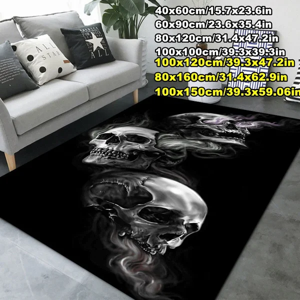 

3D Patterned Area Mat Rectangular Skull Carpet Black Modern Non-slip Area Rug Floor Mat Doormat Carpet for Bedroom Living Room
