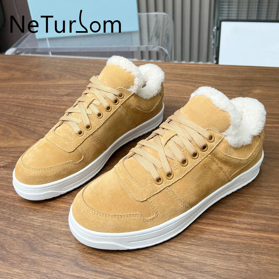 

Winter new couple women's wool cotton shoes warm fluffy women's shoes comfortable driving shoes men lace up casual walking shoes