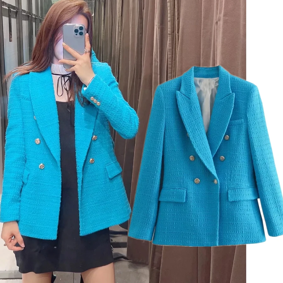 

Увядший офисный женский пиджак 2022 в английском стиле, модный элегантный твидовый Двубортный повседневный пиджак синего цвета с текстурой, ...
