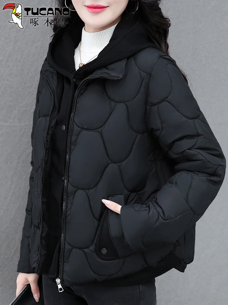 Woodpecker Black down Jacket Cotton-padded Clothes Female Outwear Winter 2024 New Hood Warm Cotton-Padded Coat Small