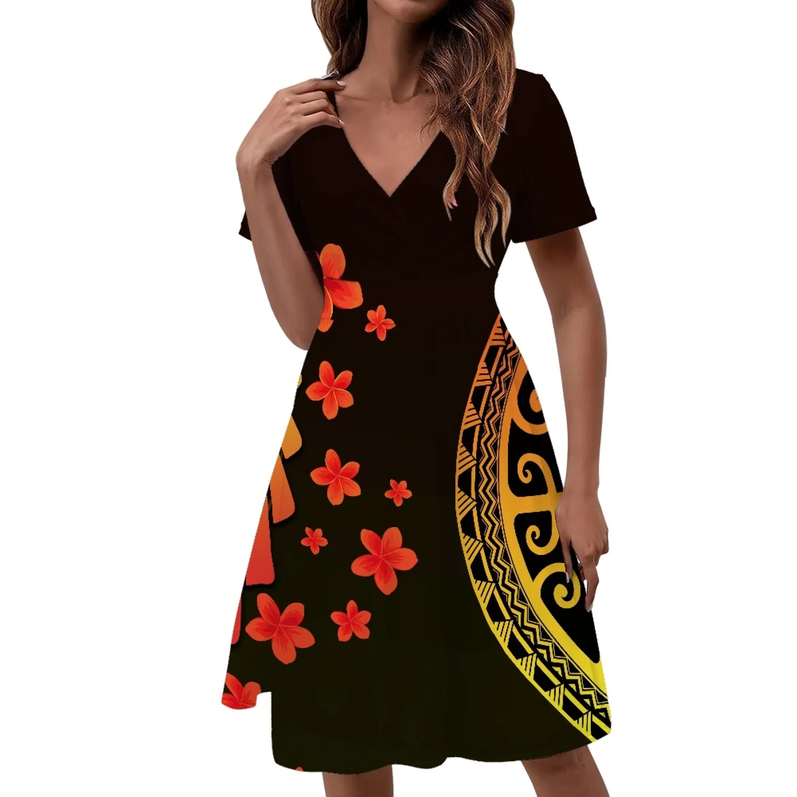 

Polynesian Tribal Pohnpei Totem Tattoo Prints Women Elegant Temperament Party Dresses Comfort Slim V-neck Short Sleeve Dress