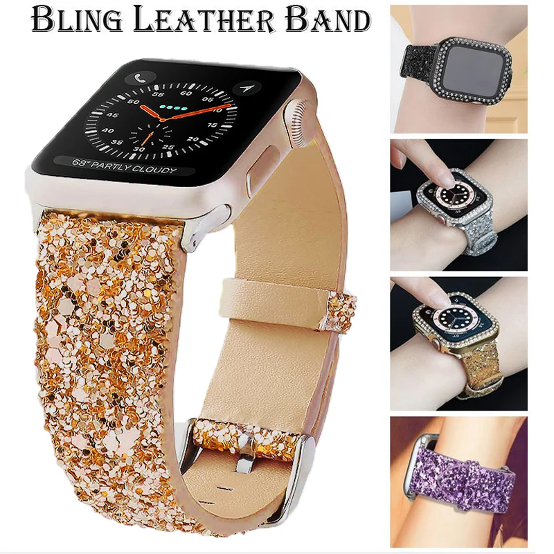 

Glitter Leather Band for Apple Watch ultra 49mm 44mm 38mm 40/41mm 42mm 41mm 45mm Shiny Women Strap IWatch Series 8 7 6 5 4 3 SE