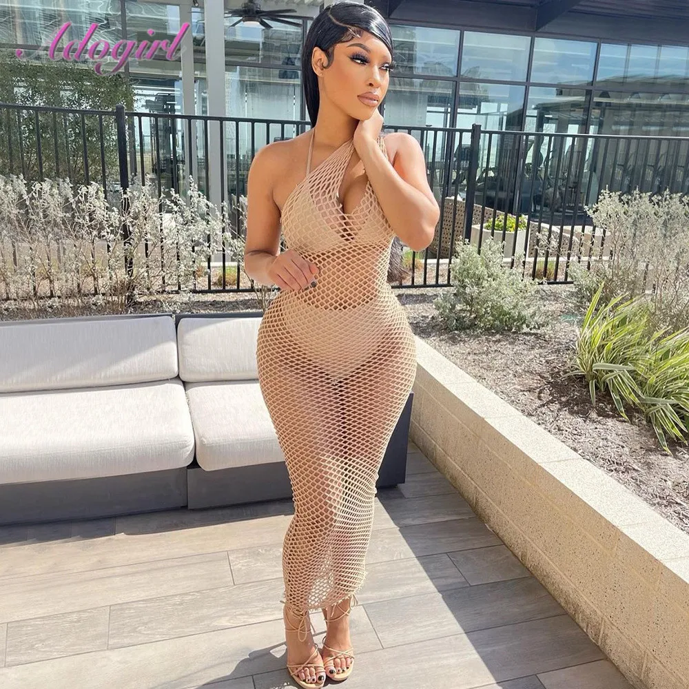 

Elegant Fishnet Beach Wear Cover Ups Long Dress Women Sexy One Shoulder Hollow Out Party Clubwear Dresses Summer Outfit Vestidos