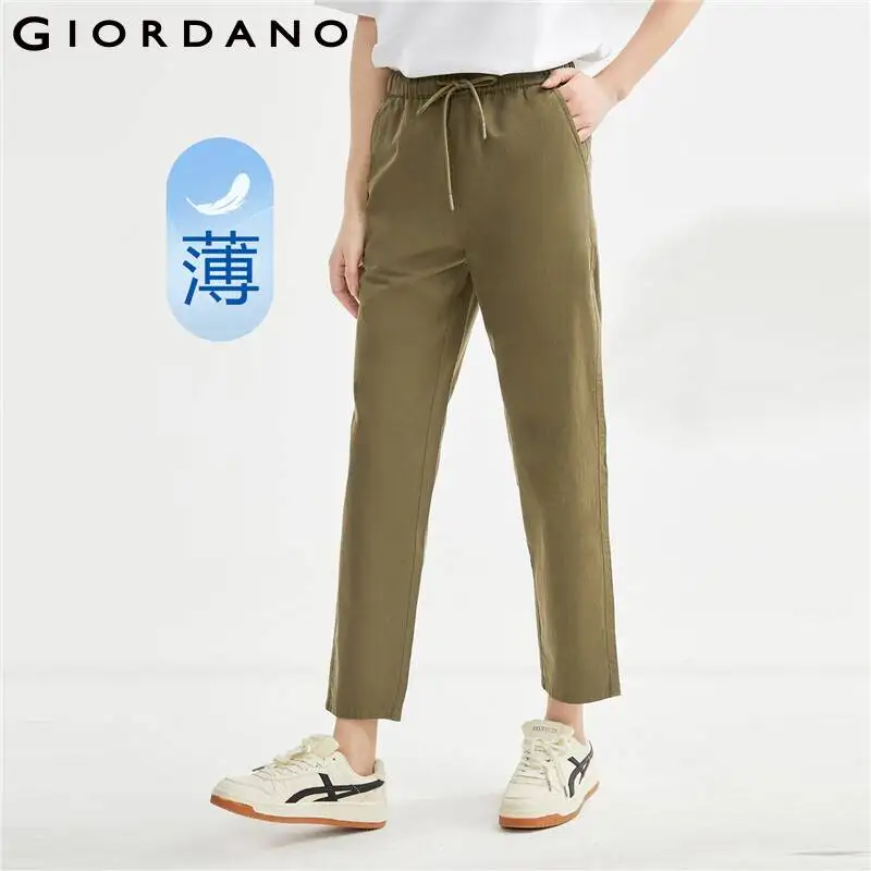 GIORDANO Women Pants Elastic Waist 100% Cotton Lightweight Pants Solid Color Ankle Length Simple Fashion Casual Pants 05423319