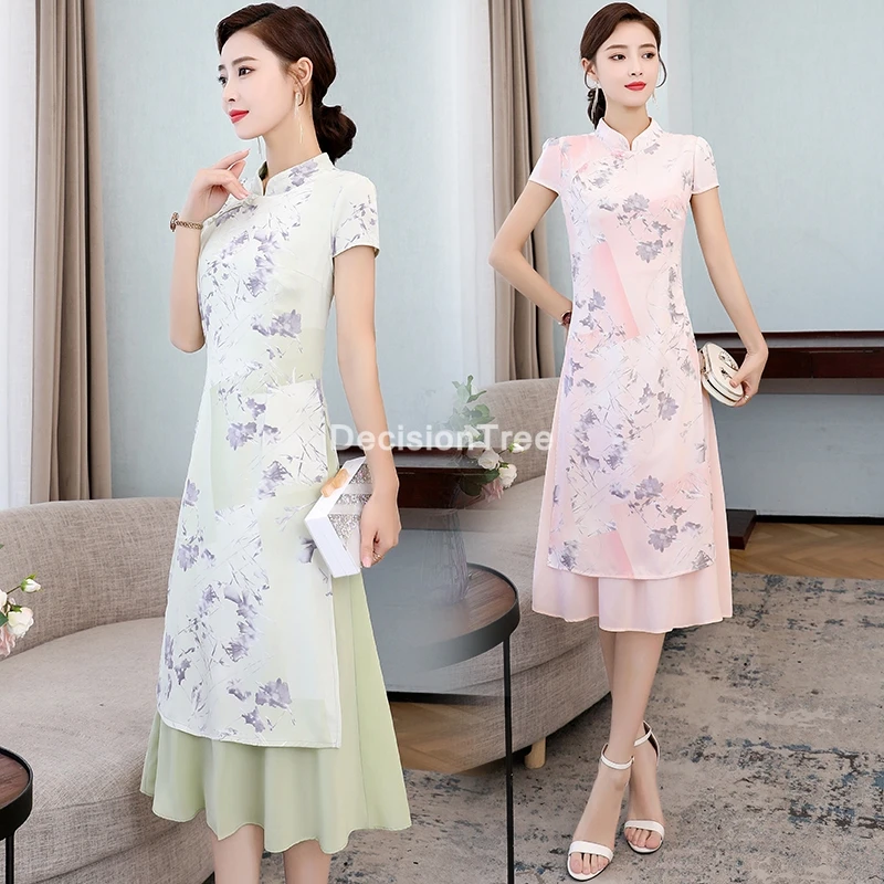 

2022 vietnam style elegant lady flower print oriental qipao cheongsam mandarin collar aodai dress ao dai qipao chinese dress