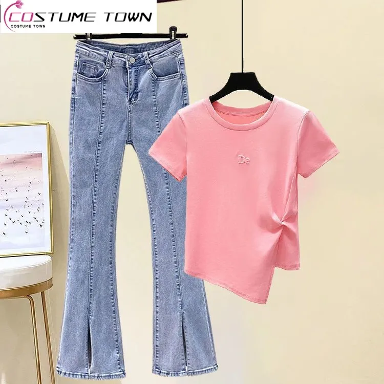 Small Fragrance Set Women's 2023 New Western-style Short Sleeve Top Irregular T-shirt+Micro Flare Jeans Two-piece Set