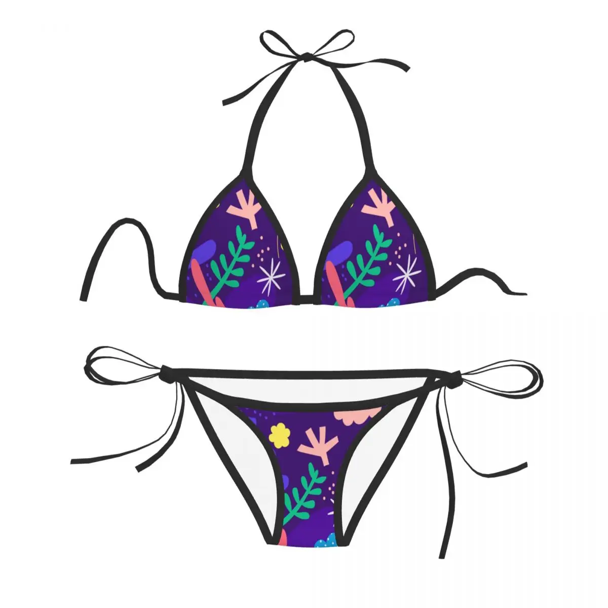 

Women Triangle Swimsuit 2-piece Lace-up Bikini Set Ladies Sexy Halter Swimwear Pushup Deep Purple Sea Floor Biquini