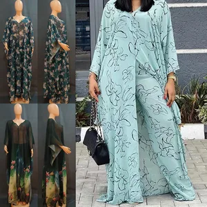 2022 New Fashion Summer African Dresses For Women Two Piece Pants Set Dashiki Chiffon Ladies Long Abaya + Pants Suits Dress 2PCS