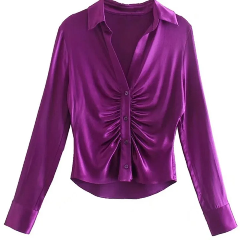 

Women's shirts 2022 new purple slim pleated short long-sleeved design commuter shirt women's free shipping