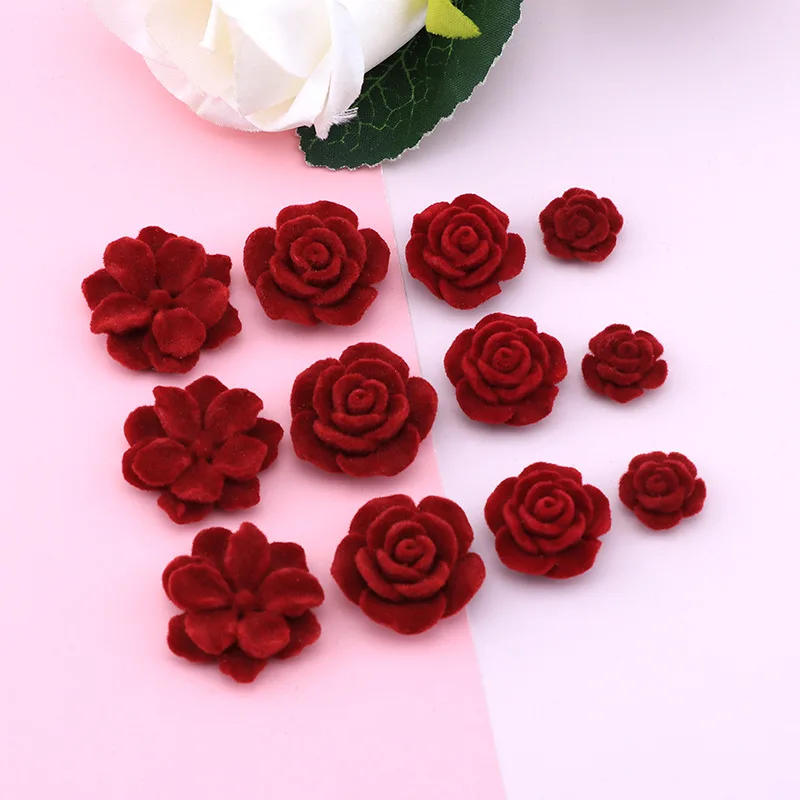 

Red Rose Resin Flatback Cabochons 20pcs Vintage Velvet Roses Flat Back Embellishments for Girls Headwear Decoration Accessories