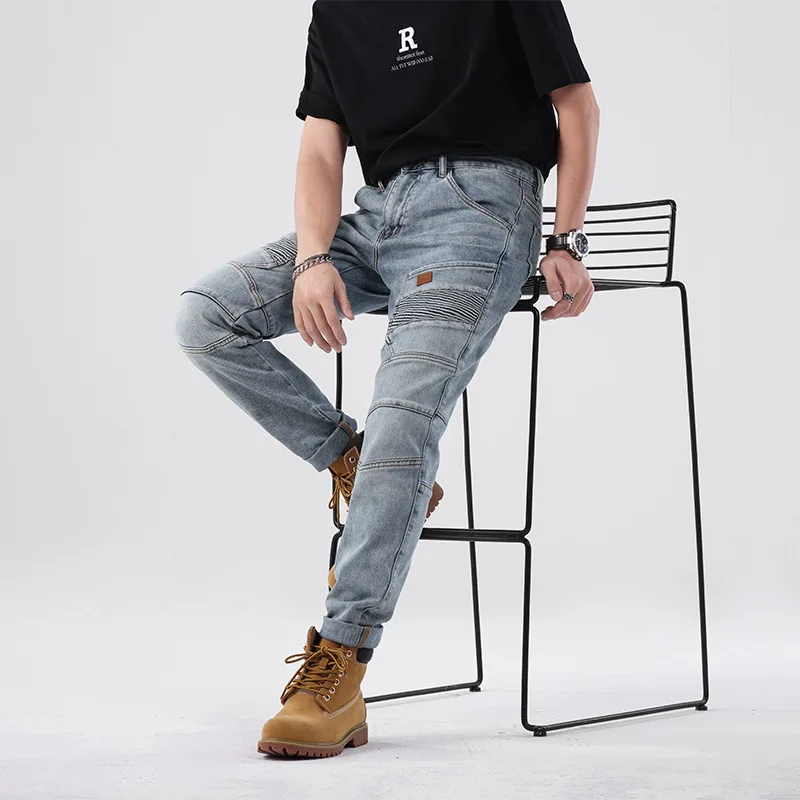 

Модные мужские байкерские джинсы 2023, одежда в стиле панк, уличная одежда, эластичные джинсовые брюки, синие джинсы в стиле провинции рок для мужчин