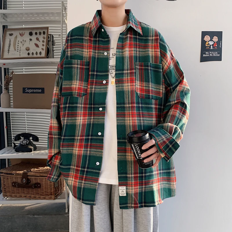Harajuku Long Sleeve Plaid Shirts Men Big Size M-5XL Autumn Chic Loose Vintage High Street All-match Gentleman Camisa Harajuku Long Sleeve Plaid Shirts Men Big Size M-5XL Autumn Chic Loose Vintage High Street All-match Gentleman Camisa