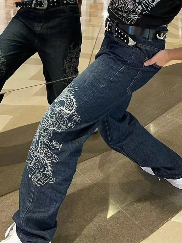 American Streetwear Chinese Dragon Embroidered Straight Loose Pants Y2k Jeans Men and Women Couples Loose Casual Pants Softener