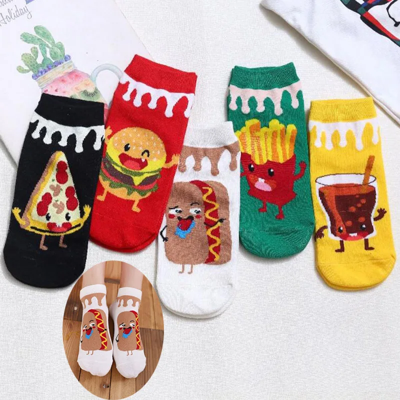 

5 Pairs/Pack Ankle Socks Women Cartoon Food Hambuger Fries Pizza Hot Dog Print Harakuju Socks Girls Lady Socks Gift