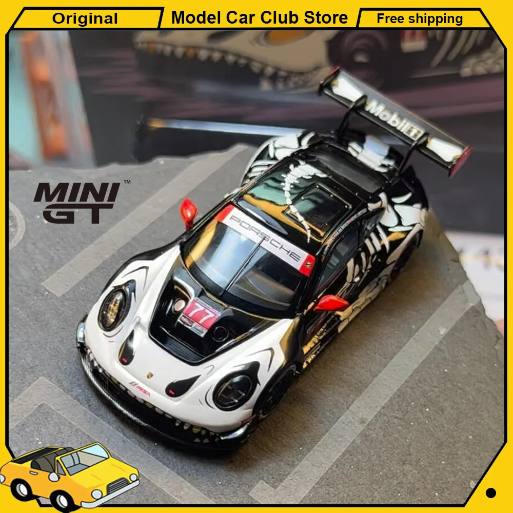 Фото MINIGT 1:64 Porsche 911 GT3 R # 77 # Коллекционная модель автомобиля 1143 Skeleton Dinosaur AO Racing 2025 IMSA Le Mans из литого сплава №1
