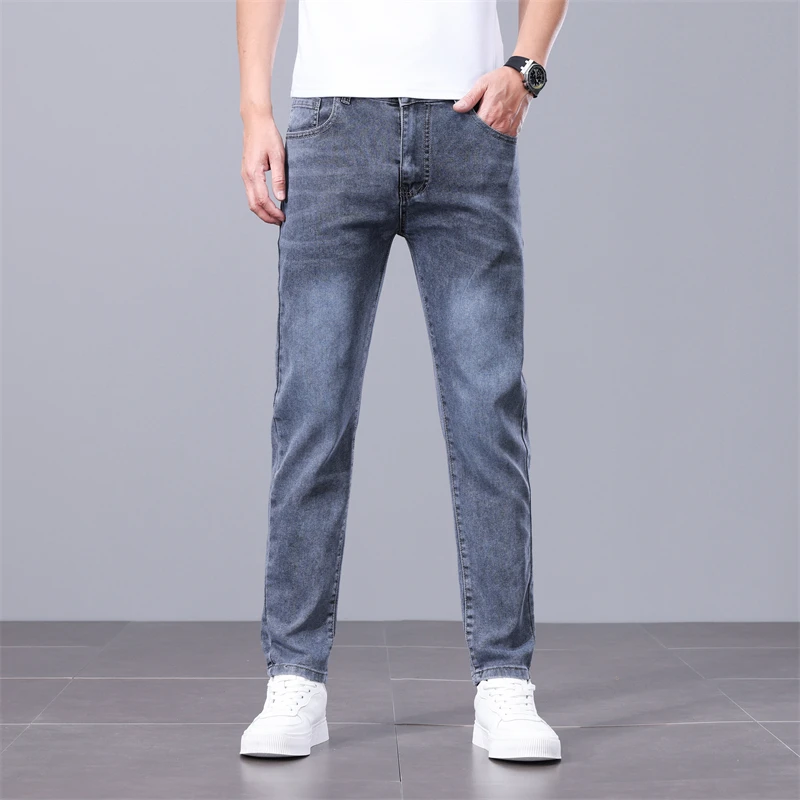 Smoky Grey Sraight Trousers Men's New Jeans Men Elastic Slim Small Straight Trousers Men's Simple Fashion Casual Jeans