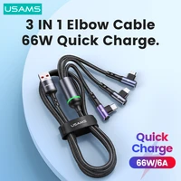 usams 66w 3 in 1 fast charge data elbow game cable type c micro usb lightning cable for iphone huawei xiaomi samsung oppo phone