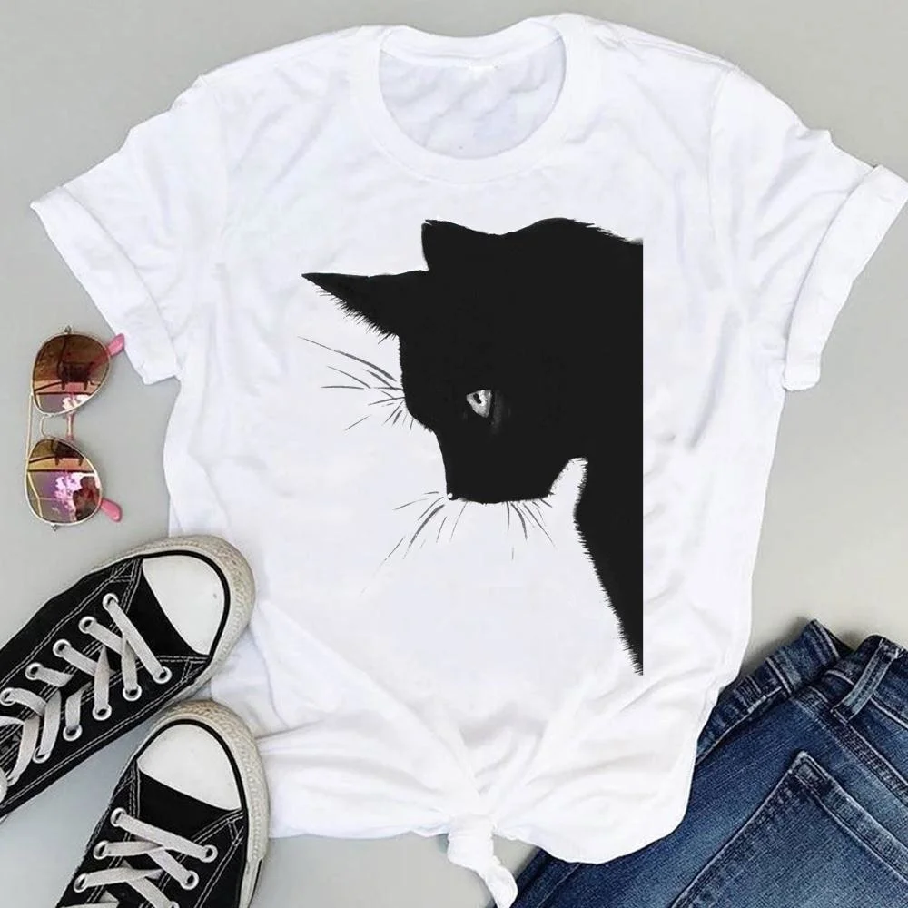 

Women Cartoon Cat Funny New 90s Cute Print Sweet Summer Short Sleeve Lovely Clothes Tops Tees Tshirt T-Shirt DW29