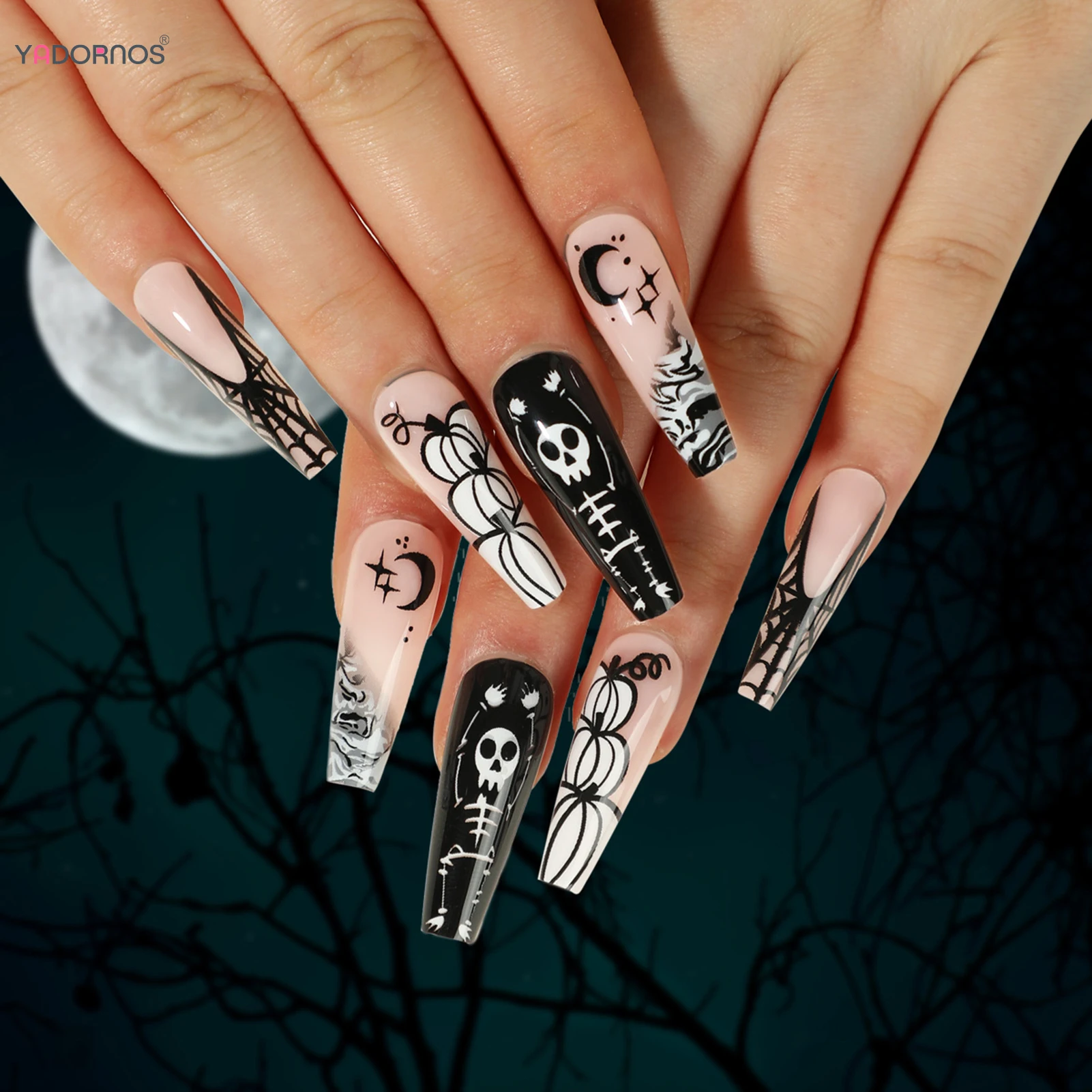 

24Pcs Halloween Press on Nails Black White Long Ballerina Fake Nails Tips Skull Pumpkin Spider Web Designs for Women Party Decor