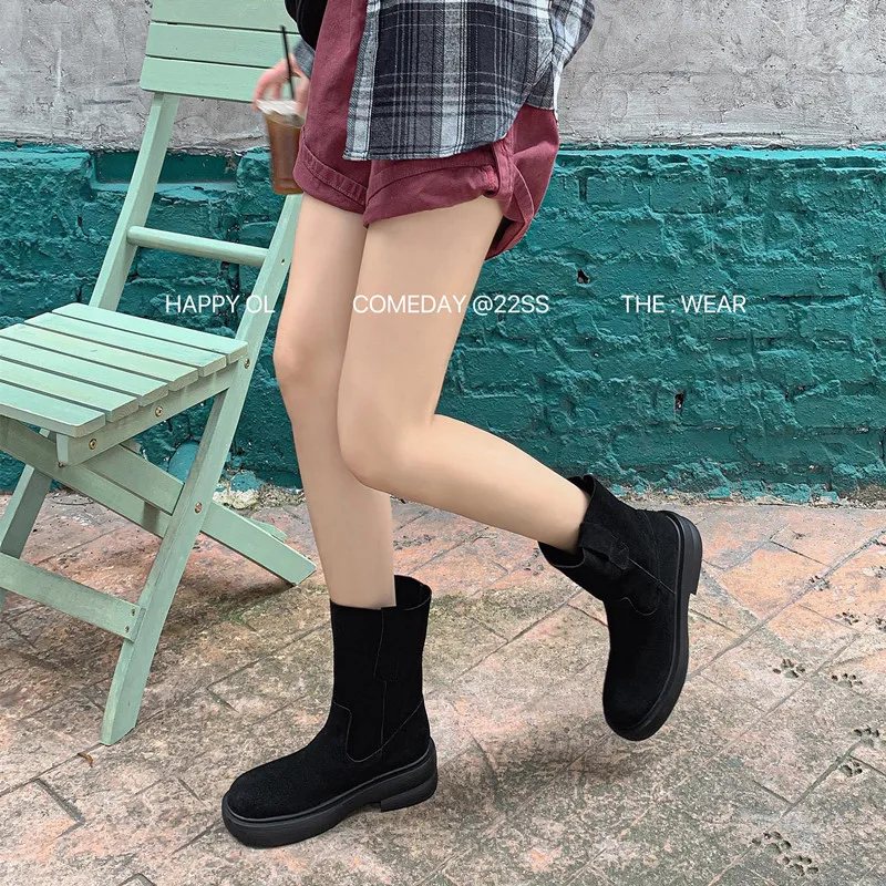 Cool Shoes Spring Autumn Ankle Boots Simple Style Western Boots Woman Slip On Platform Shoes Cow Suede Leather Cowgirls Botas