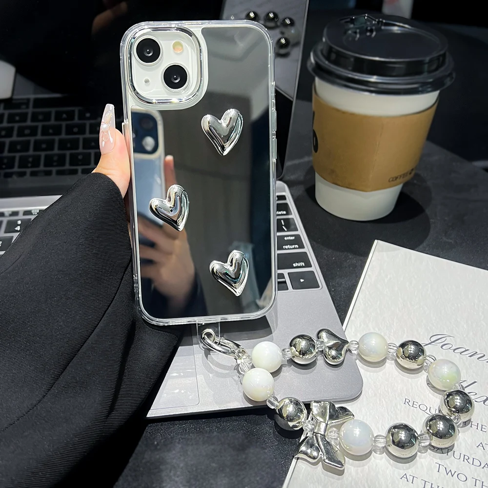 3D Love Heart Mirror Phone Case For iPhone 16 Pro Max Cover 15 14 13 12 11 Plus Pearl Bracelets Chain Lanyard Protective