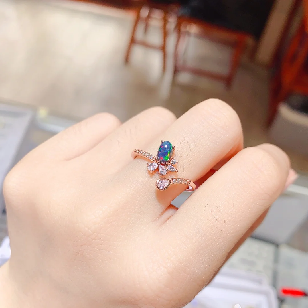 

Natural Black Opal Ring, 925 Silver Certified, 4x6mm Burst Flash Fire Colored Gemstone, Pretty Girl Gift, free shipping