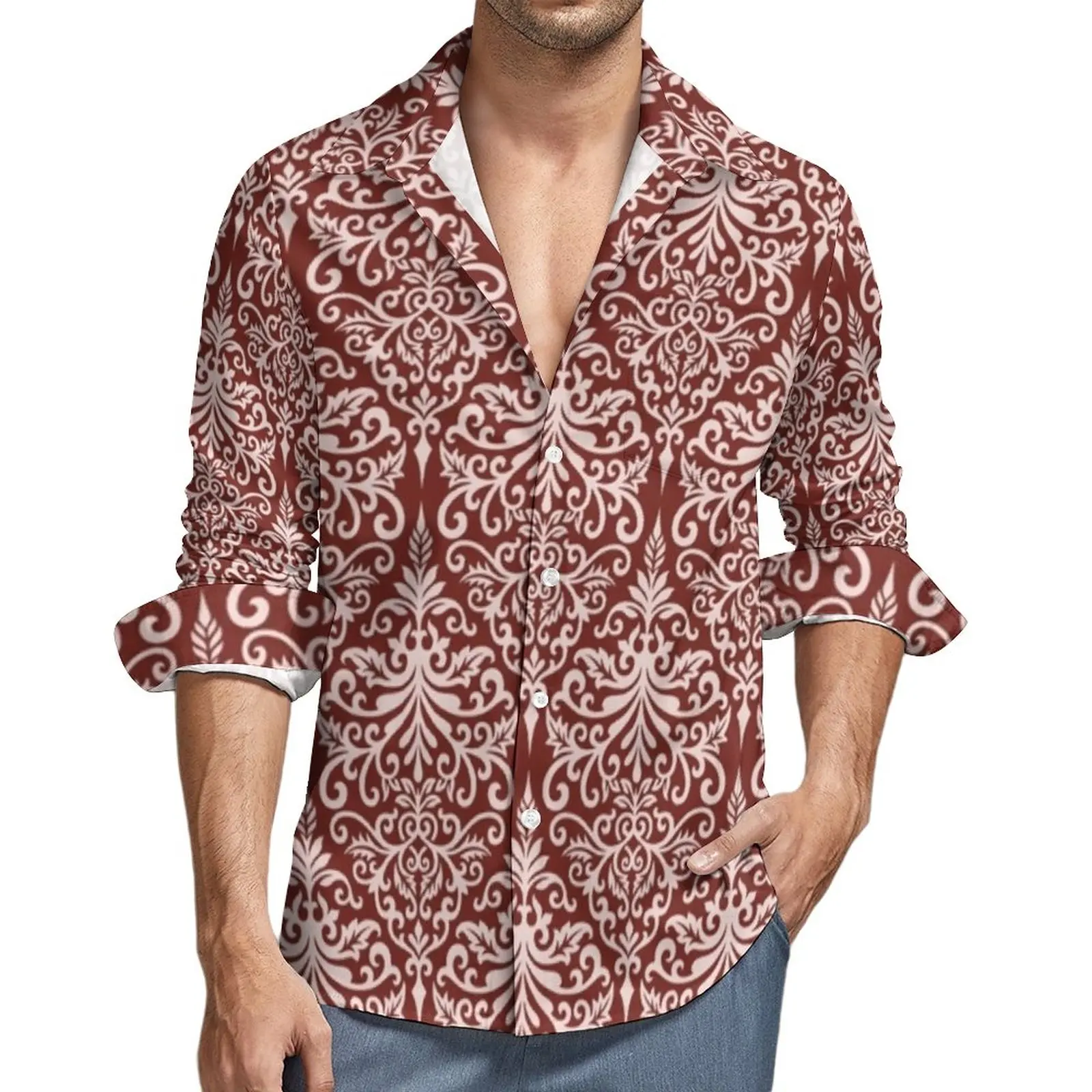 

Baroque Floral Art Funny Casual Shirt Men Retro Bohemia Print Shirt Autumn Cool Blouses Long Sleeve Pattern Oversized Clothing