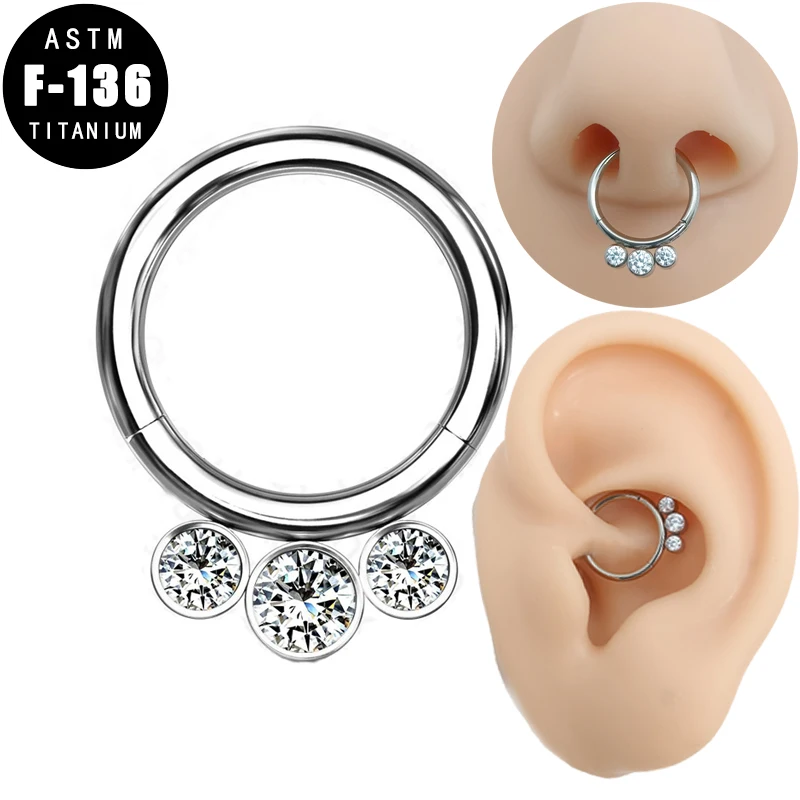 

ASTM F136 Titanium Nose Studs Ear Piercing Helix Earrings Hinged Segment Hoop 3 Outer Zircon Tragus Cartilage Nose Rings Jewelry