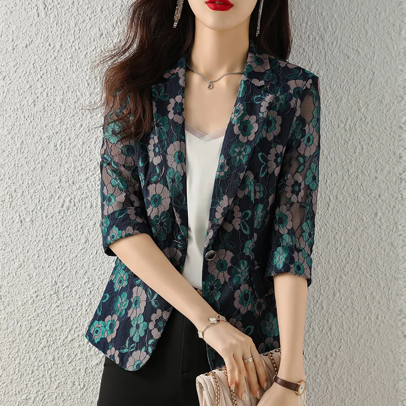 

Half-Length Lace Thin Spring/Summer Lace Hollow Sleeve Small Suit Jacket Women's Commute Leisure Versatile Cardigan Italian
