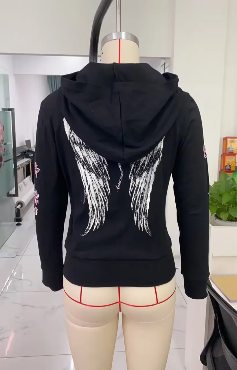 Women Autumn y2k Fairycore Grunge Long Sleeve Sweatshirts Graphic Print Zipper Slim Fits Hoodies E-Girls Gothic Coat