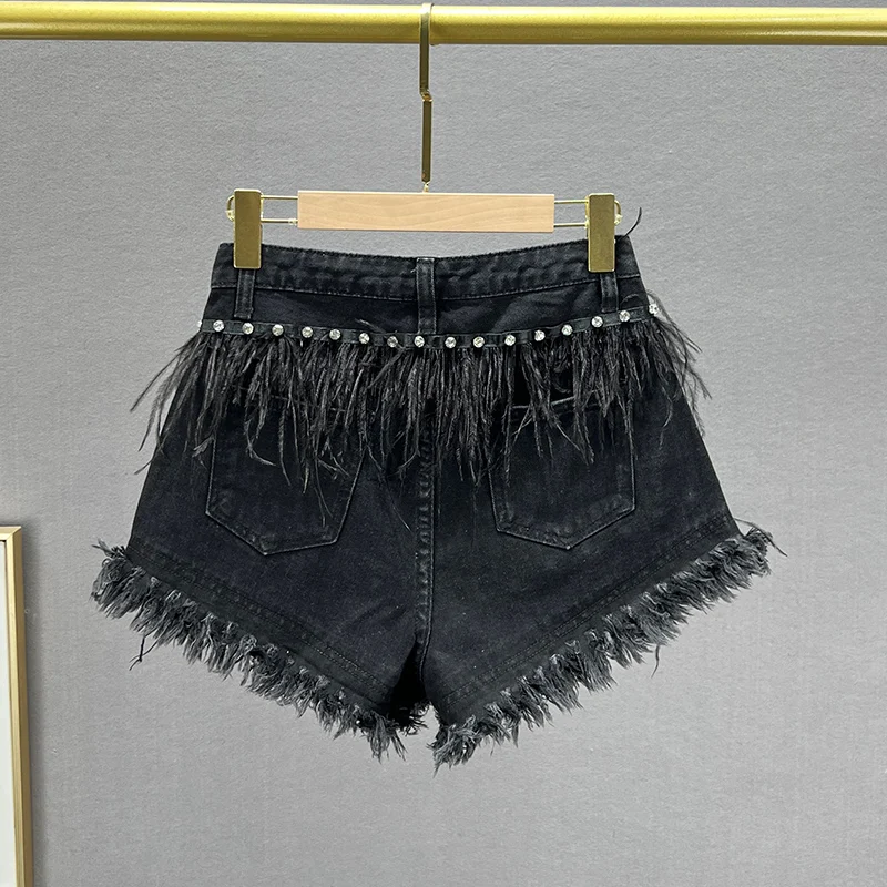 Exquisite Rhinestone Hot Pants Women 2023 New Summer High Waist Shorts Slimming Women's Denim Shorts Tassel Wide-Leg Pants