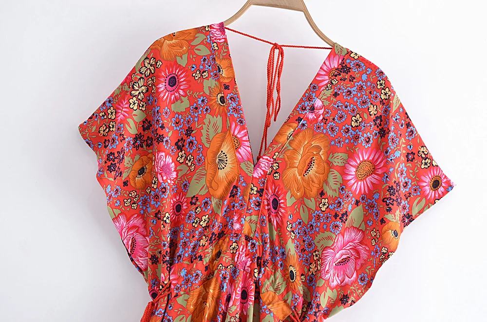 Женское богемное Макси-Платье с V-образным вырезом и рукавом летучая мышь |