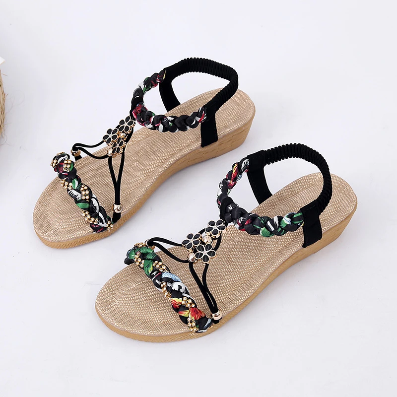 

2022 Woman Sandals Flat Beaded Open Toe Fashion Female Shoes Floral Print Summer Open Toe Beach Sandalias Non-Slip Chaussure