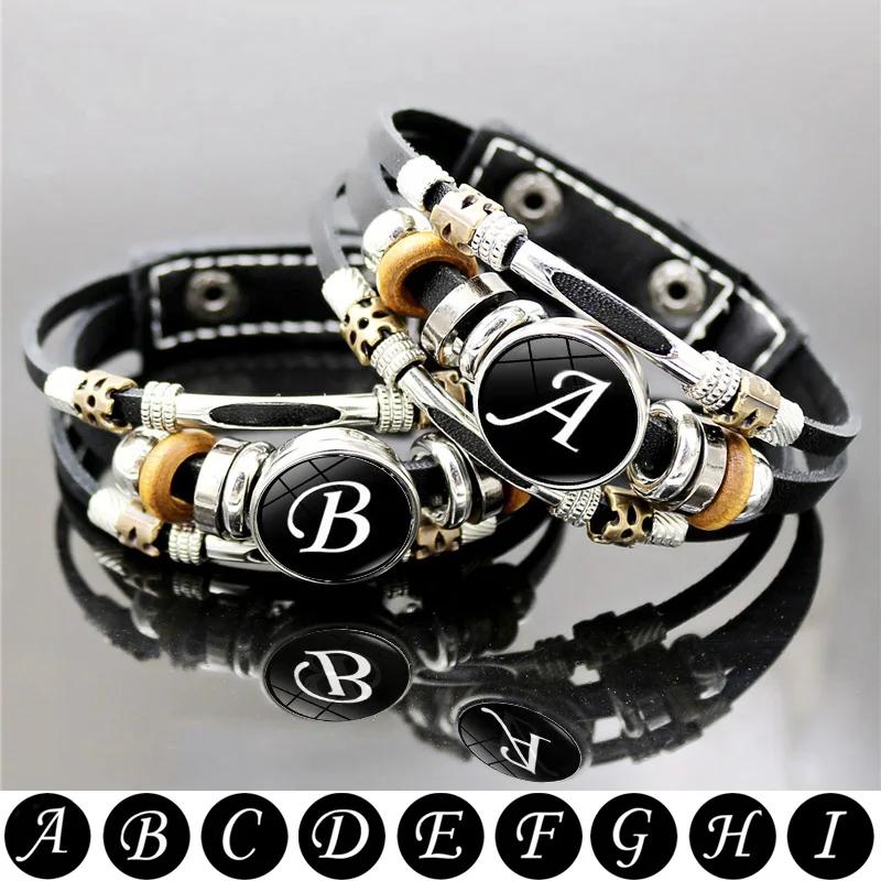 

26 Letter A-Z Charms for Bracelets ID Name Friendship Black Braided Multilayer Punk Leather Bracelet Men Women Kids Family Gifts