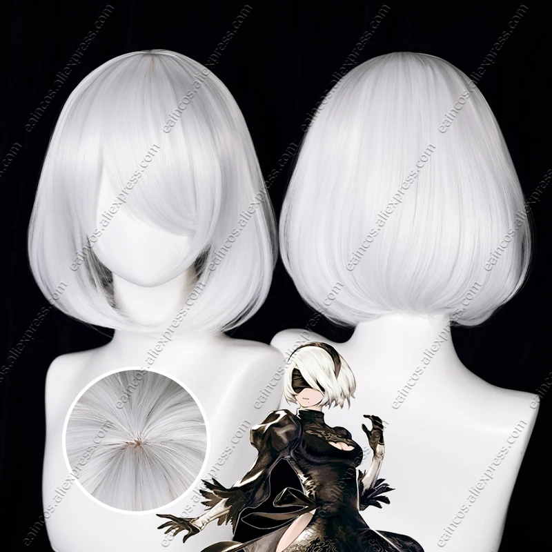 Фото YoRHa No.2 Type B Косплей Парик 2B 33 см Белые Короткие Волосы Термостойкие Синтетические Парики №1
