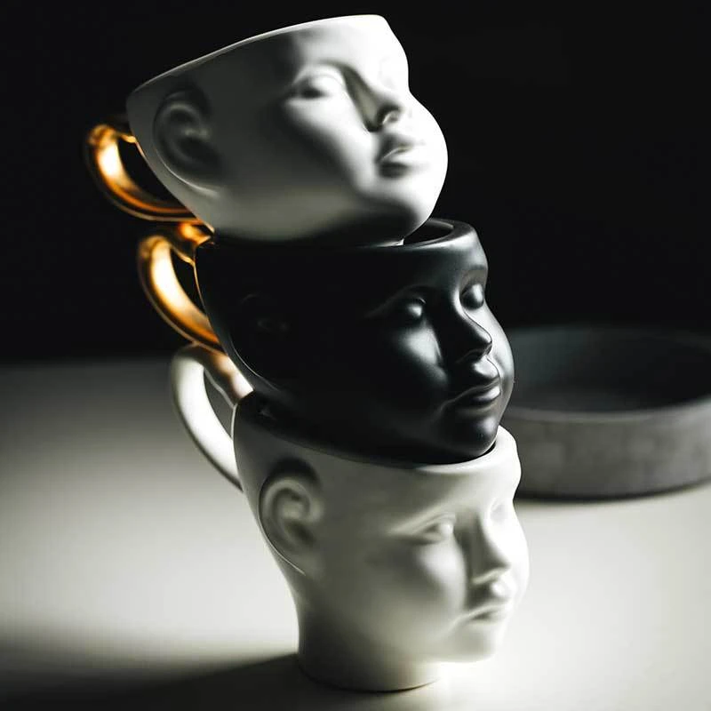 

Doll Head Face Shape Coffee Cup Nordic Style Tea Cup Modern Retro Art Ceramic Gold Cup Creative Cute Coffee Mugs and Cups