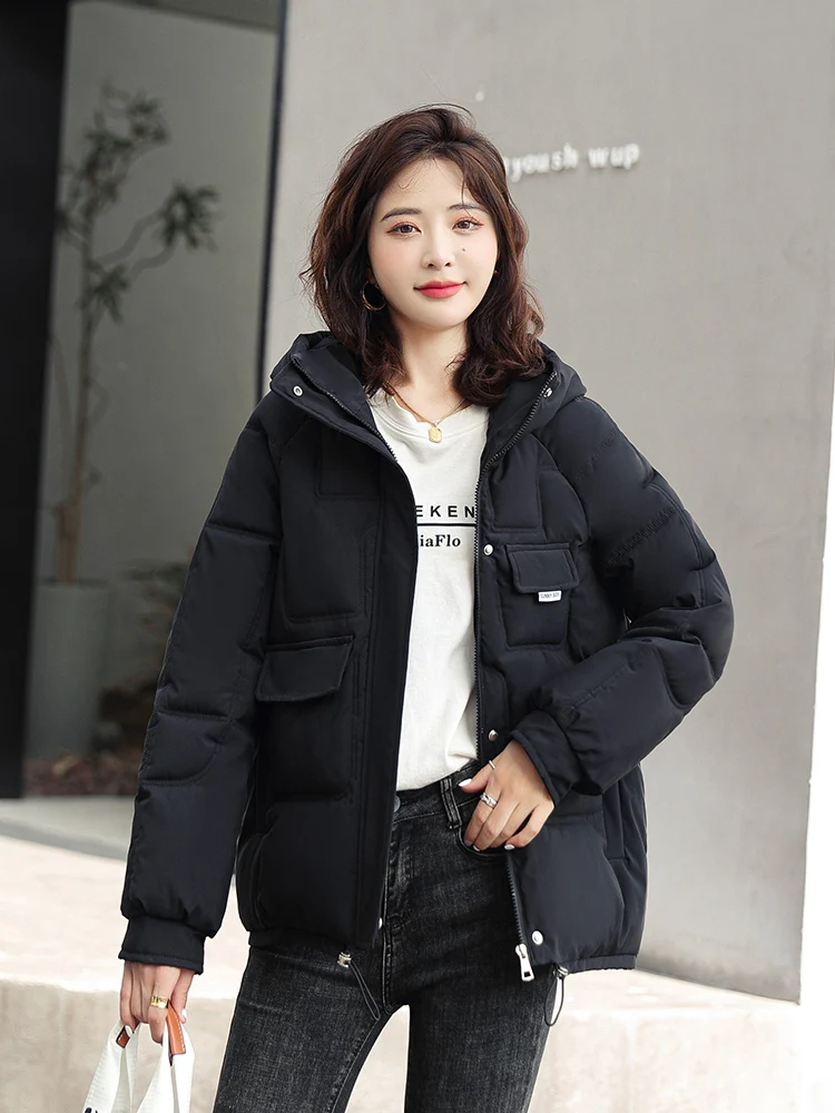 2023 Winter Parka Coat Women Hooded Down Cotton Jacket Female Casual Loose Thick Warm Short Coat Basic Fashion Solid Outwear
