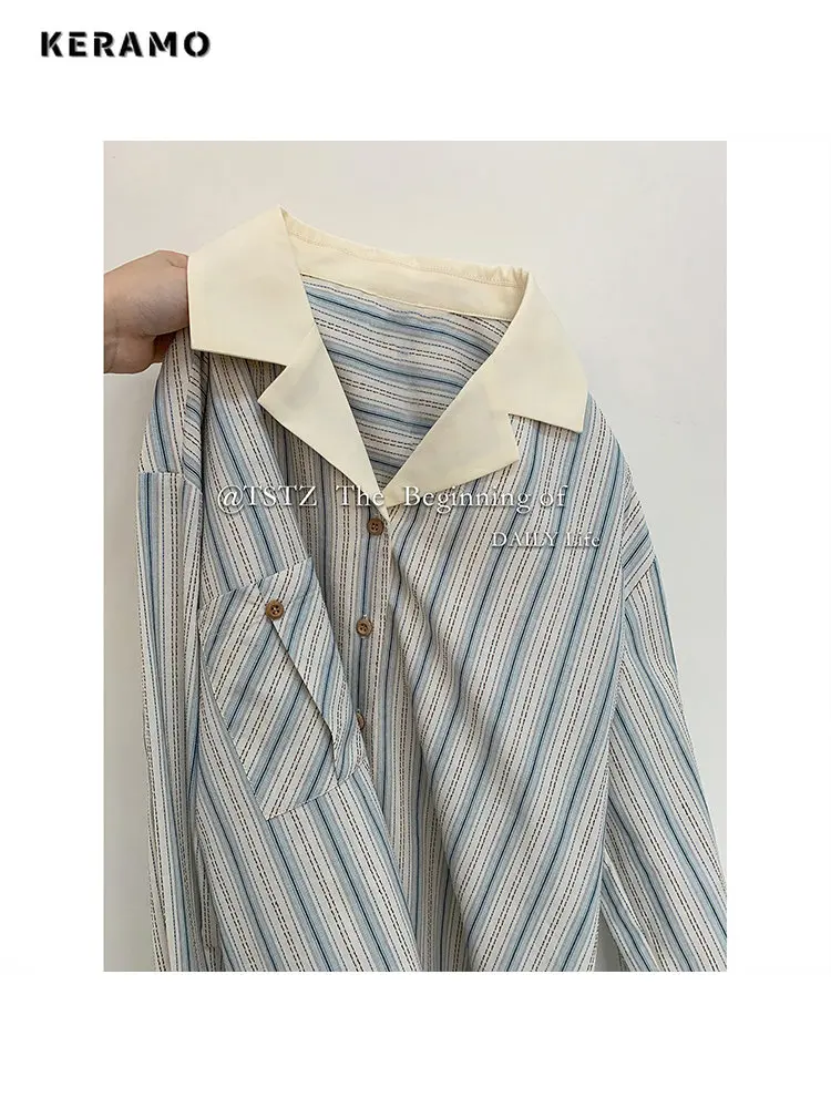 

Korean Style Striped Loose Long Sleeve Single Breasted Shirt 2023 Spring Summer Women's Casual Turn-Down Collar Baggy Blouse Top