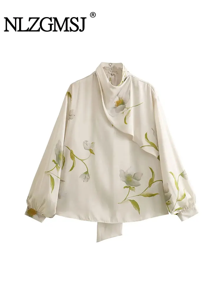 

Nlzgmsj TRAF Vintage Spring Autumn Women Blouse Flower Print Top White Long Sleeve Shirt Female Tunic Chic Top